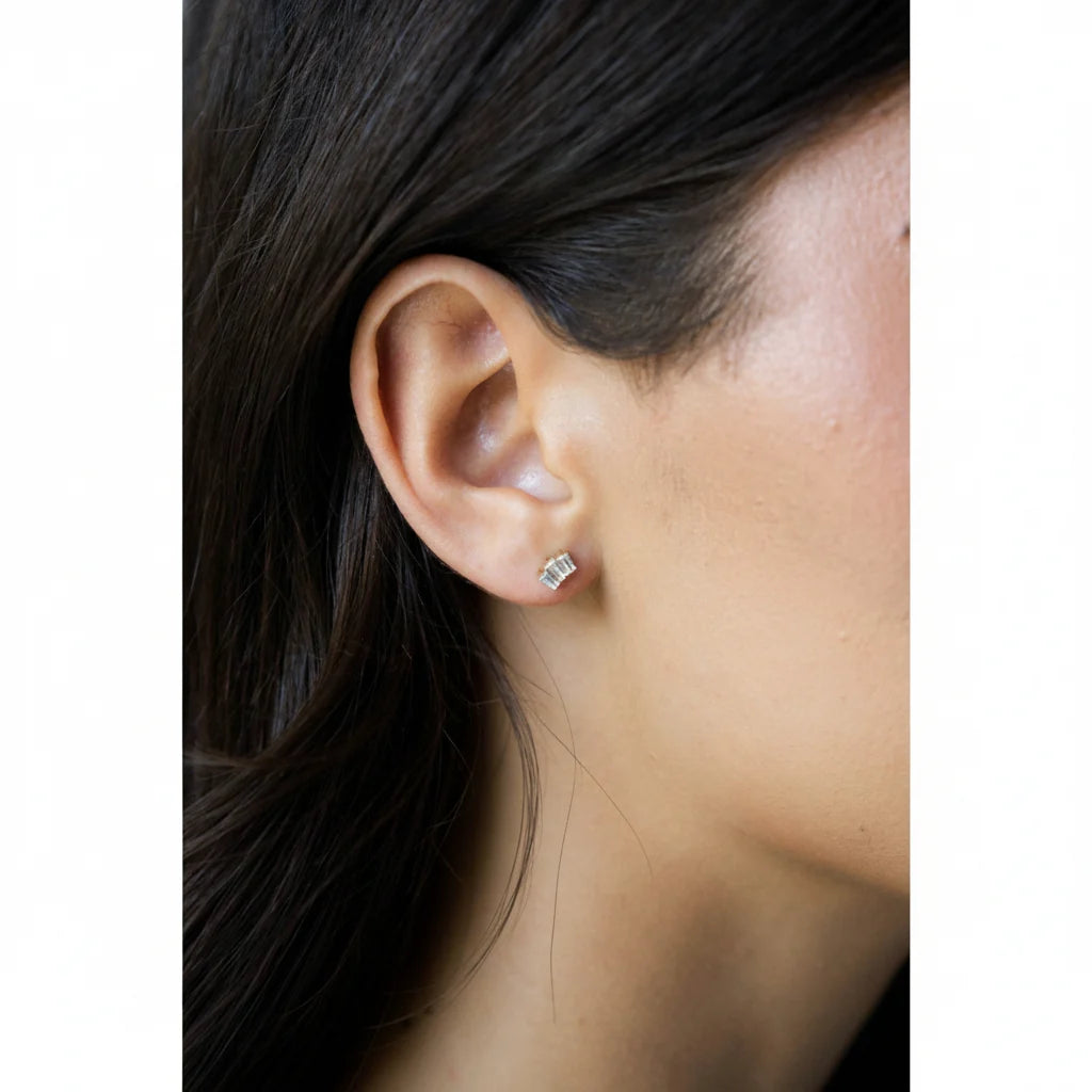 Baguette CZ 3-Cluster Flat Back Stud
